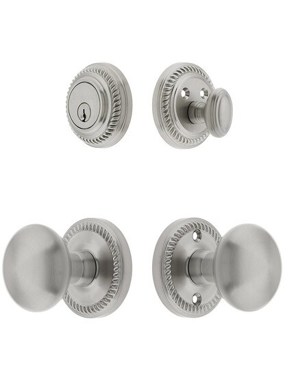 Grandeur Newport Entry Door Set, Keyed Alike with Round Brass Knobs in Satin Nickel.